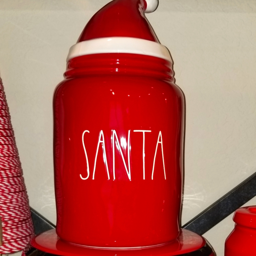 Red Rae Dunn SANTA Large canister with Hat topper